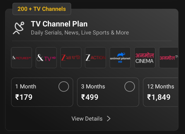 Vzy TV Channel Plan options